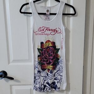 Ed Hardy White Tank with Skull and Rose Graphic